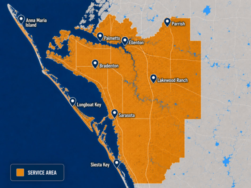 OctoForce Wash service area map — Manatee and Sarasota Counties